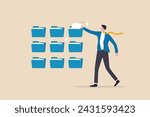 Organize files folder or archive document to be index, administration work, plan or file management, arrange online data or paperwork concept, businessman organize document file into archive folders.