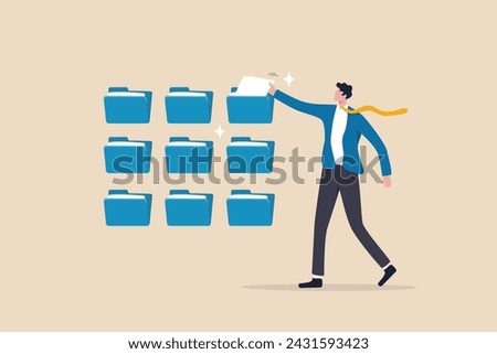 Organize files folder or archive document to be index, administration work, plan or file management, arrange online data or paperwork concept, businessman organize document file into archive folders.