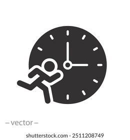 organize hours work icon, time management concept, running businessman and clock circle, rush job deadline, flat vector illustration