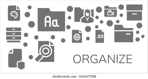organizar conjunto de iconos. 11 iconos de organización rellenos.  Iconos modernos sencillos, como: Archivo, Carpeta, Dibujos, Archivo