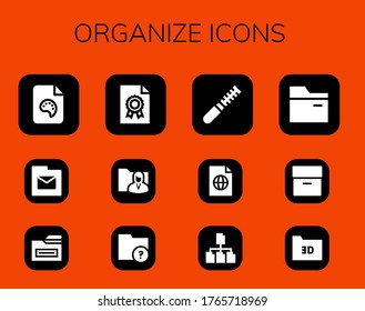organize icon set. 12 filled organize icons. Included File, Folder, Archive icons