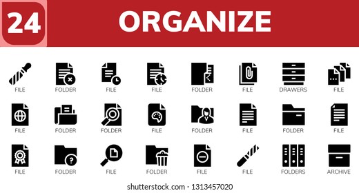 organize icon set. 24 filled organize icons.  Collection Of - File, Folder, Drawers, Folders, Archive