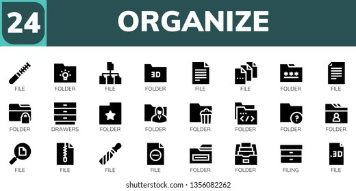 organize icon set. 24 filled organize icons.  Simple modern icons about  - File, Folder, Drawers, Filing