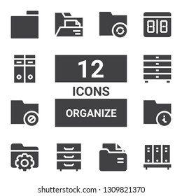 organize icon set. Collection of 12 filled organize icons included Folder, Cabinet, Drawers, Counter, Archives