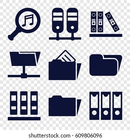 Organize icons set. set of 9 organize filled icons such as binder, serach music, folder