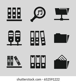 Organize icons set. set of 9 organize filled icons such as binder, serach music, folder