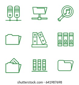 Organize icons set. set of 9 organize outline icons such as binder, serach music, folder