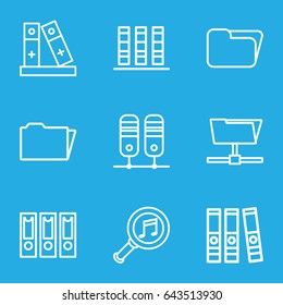 Organize icons set. set of 9 organize outline icons such as binder, serach music