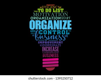 ORGANIZE light bulb word cloud collage, business concept background