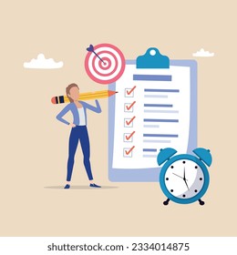 organize meeting and appointment, objective or purpose to finish, planner or checklist for office work concept, smart businesswoman hold pencil write meeting agenda with time management.