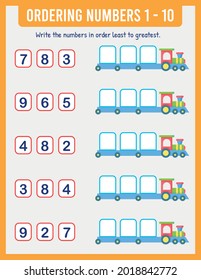 
Organize the numbers from least to greatest. Math. Numbers range up to 100. Preschool worksheets