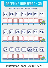 
Organize the numbers from least to greatest. Math. Numbers range up to 100. Preschool worksheets