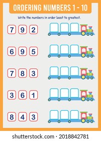 
Organize the numbers from least to greatest. Math. Numbers range up to 100. Preschool worksheets