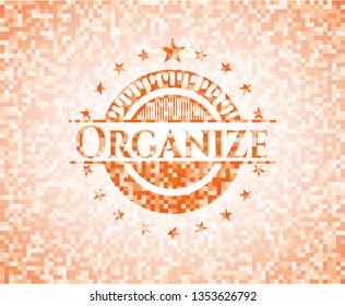 Organize orange tile background illustration. Square geometric mosaic seamless pattern with emblem inside.