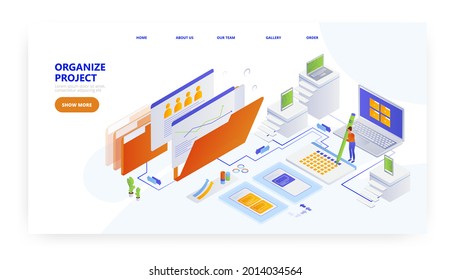 Organize project, landing page design, website banner vector template. Project management.