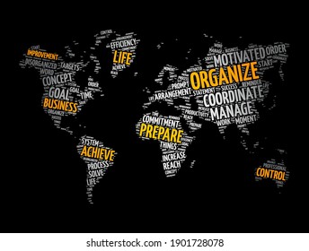 ORGANIZE word cloud in shape of world map, business concept background