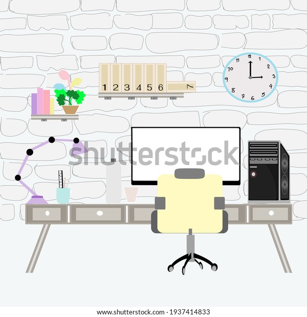 To organize
work on the desk  There is a working area divided into computer and
writing.  There is a ' bookshelf  There is a large clock mounted on
a white brick background.