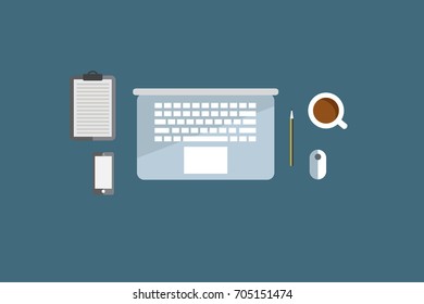Organize your desk with a notebook, mouse, pencil, cell phone, cup of coffee and note pad. Great format for your work. 