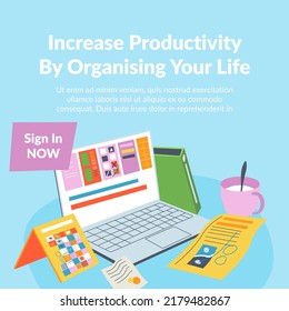 Organize your life and increase productivity at work and personal matters. Organizers and planners, journals and reminders with memos. Calendar with events and papers with info. Vector in flat style