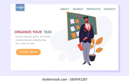 Organize your task landing page template with a man standing near board with paper notes for planning. Time management and problem execution control, scheduling. Timetable for business process