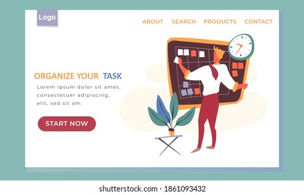 Organize your task landing page template with a man standing near board with paper notes for planning. Time management and problem execution control, scheduling. Timetable for business process