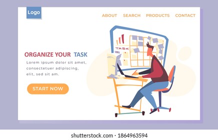 Organize your task landing page template, a man sitting with laptop near board with paper notes for planning. Time management and problem execution control, scheduling. Timetable for business process