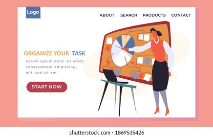 Organize your task landing page template with a woman standing near board with paper notes for planning and pointing to chart. Time management and scheduling. Timetable for business process