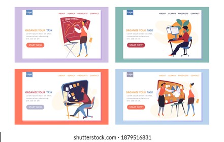 Organize your task landing page template with a woman engaged in business planning and organization set of four scenes. Time management and scheduling. Timetable for business process teamwork planning
