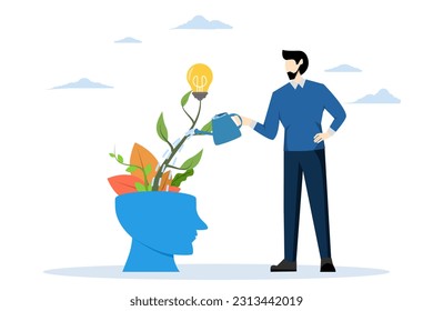 Organize your thoughts. Watering plants with a big head human mindset a growth mindset is different from a fixed mindset. dropping water on open head. Business Mindset. Flat character illustration