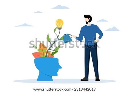 Organize your thoughts. Watering plants with a big head human mindset a growth mindset is different from a fixed mindset. dropping water on open head. Business Mindset. Flat character illustration