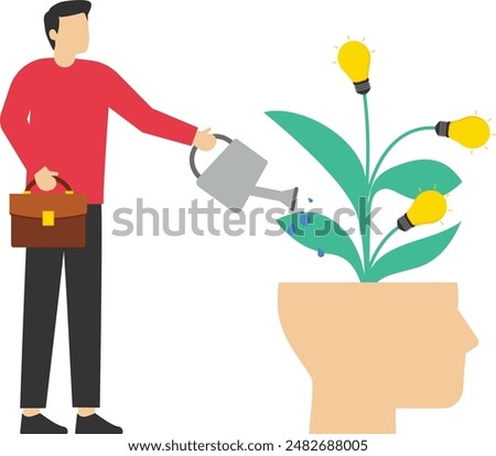 Organize your thoughts. Watering plants with a big head human mindset a growth mindset is different from a fixed mindset. dropping water on open head. Business Mindset. Flat character illustration