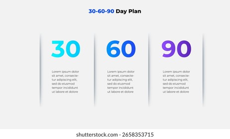 Plantilla de Plan organizada de 30-60-90 días diseñada para la planificación empresarial y el establecimiento de objetivos. Cuenta con cuadros de texto claros y un diseño atractivo adecuado para la gestión, el crecimiento de la carrera o propuestas de proyectos