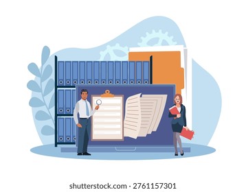 Organized archive. Search for files in database, data storage, examination of documents, laptop with folders and binders, archiving and administrative organization vector cartoon flat style concept