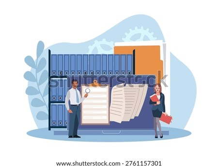 Organized archive. Search for files in database, data storage, examination of documents, laptop with folders and binders, archiving and administrative organization vector cartoon flat style concept