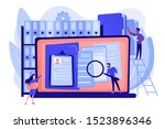 Organized archive. Searching files in database. Records management, records and information management, documents tracking system concept. Pink coral blue vector isolated illustration