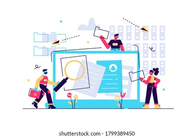 Organized archive. Searching files in database. Records management, records and information management, documents tracking system concept. Pink coral blue vector isolated illustration