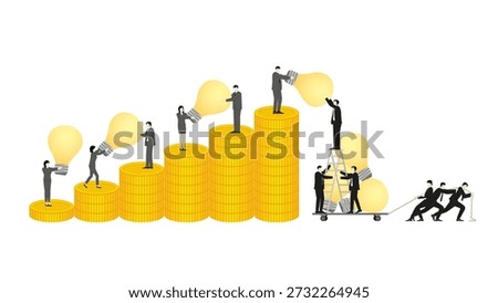 Organized business team stealing light bulb ideas and gold coins for corporate espionage and corruption.