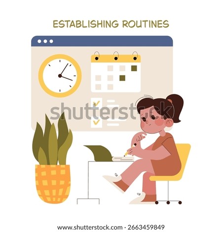 Organized cartoon vector illustration depicts a girl thoughtfully planning her daily routine. She sits at a desk with a calendar and clock, focusing on establishing productive habits.