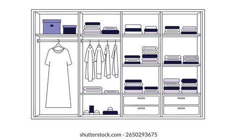 Organized Closet Design Ideas with Clothes Storage Shelves and Baskets in White Walls