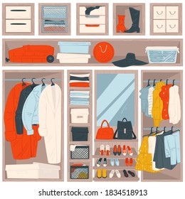 Organized clothing on hangers and shelves, wardrobe with clothes and accessories. Mirror with bags and shoes. Dressing room or showroom with baggage, coats tops and trousers, vector in flat style