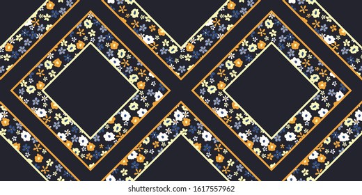 Organized Colorful Ditsy Graphic Floral Vector Seamless Pattern. Small Hand Drawn White, Yellow, Blue Daisies, Organised Border Abstract Blooms on Black Background. Minimal Stylized Flowers Print
