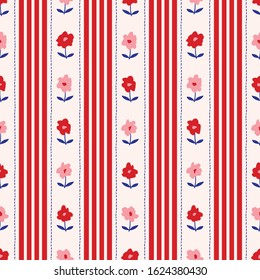 Organized Colorful Ditsy Graphic Floral and Vertical Stripes and Stitches Vector Seamless Pattern. Small Hand Drawn Pink and Red Daisies, Organised Border Abstract Blooms on Cream Background. Minimal 