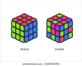 The organized cube game and the unorganized one. Vector illustration
