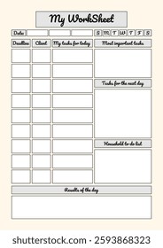 Organized daily worksheet template with task sections for deadlines, priorities, household to-dos, and results tracking.