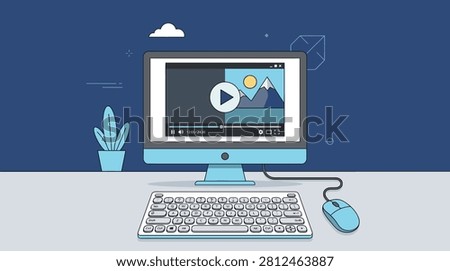 Organized desk setup featuring digital video interface. Useful for blogging, remote work, and creative content creation imagery.