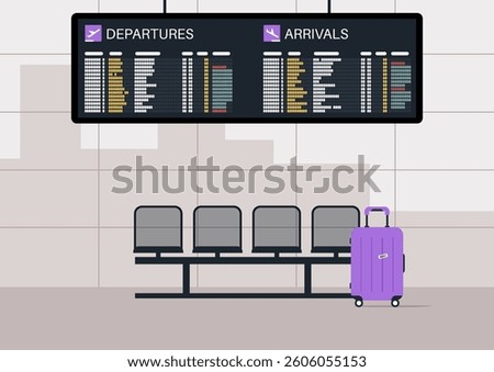 An organized display showcasing flight schedules for departures and arrivals catches the eye in a modern airport, while a bright suitcase sits patiently beside empty waiting chairs