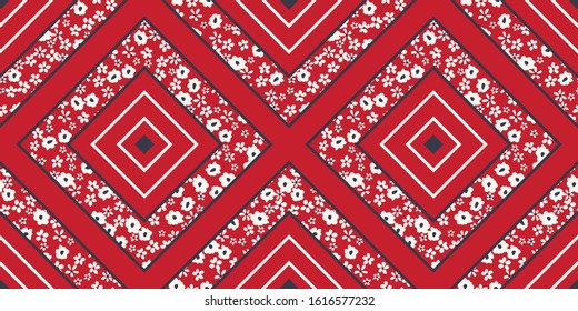 Organized Ditsy Graphic Floral Vector Seamless Pattern. Simplistic Small Hand Drawn White Daisies, Organised Border Abstract Blooms on Red Background. Minimal Stylized Flowers Print.