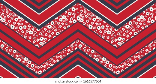 Organized Ditsy Graphic Floral Vector Seamless Pattern. Simplistic Small Hand Drawn White Daisies, Organised Chevron Border Abstract Blooms on Red Background. Minimal Stylized Flowers Print.