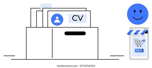 A organized drawer holds CVs, ready for review, next to a blue happy face. Ideal for recruitment, human resources, job applications, e-commerce, online shopping, and talent acquisition. Modern vector