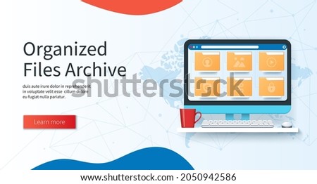 Organized files archive concept. Computer with yellow folders on the screen. File management system, online document storage service, archive, paperwork organization banner. Web vector illustrations